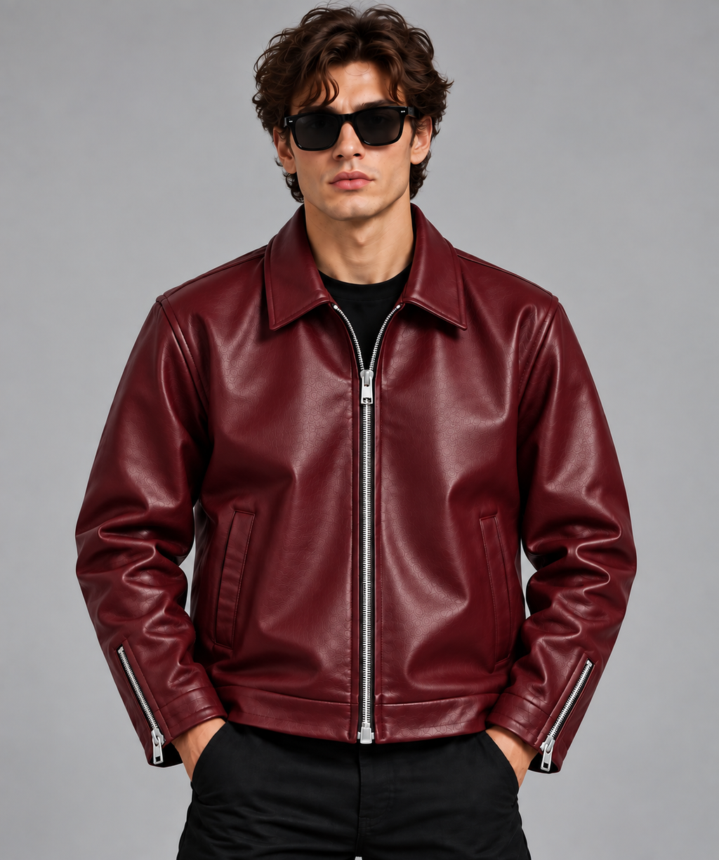 Men’s Burgundy Leather Bomber Jacket – Modern Fit