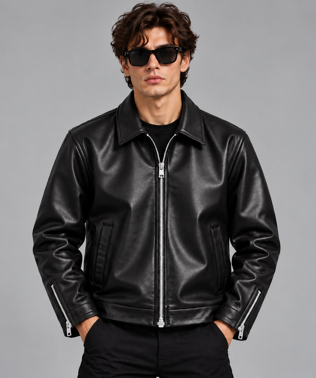 Men’s Black Embossed Leather Jacket – Premium Zip-Up Style
