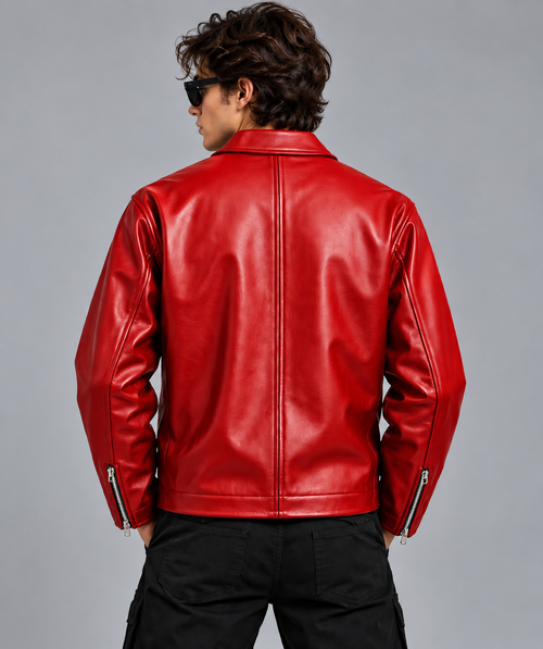 Men’s Red Leather Jacket – Modern Luxury Zip-Up Design