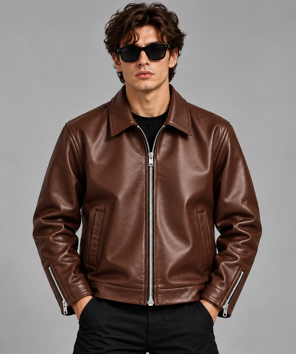 Brown Textured Leather Jacket for Men – Contemporary Style