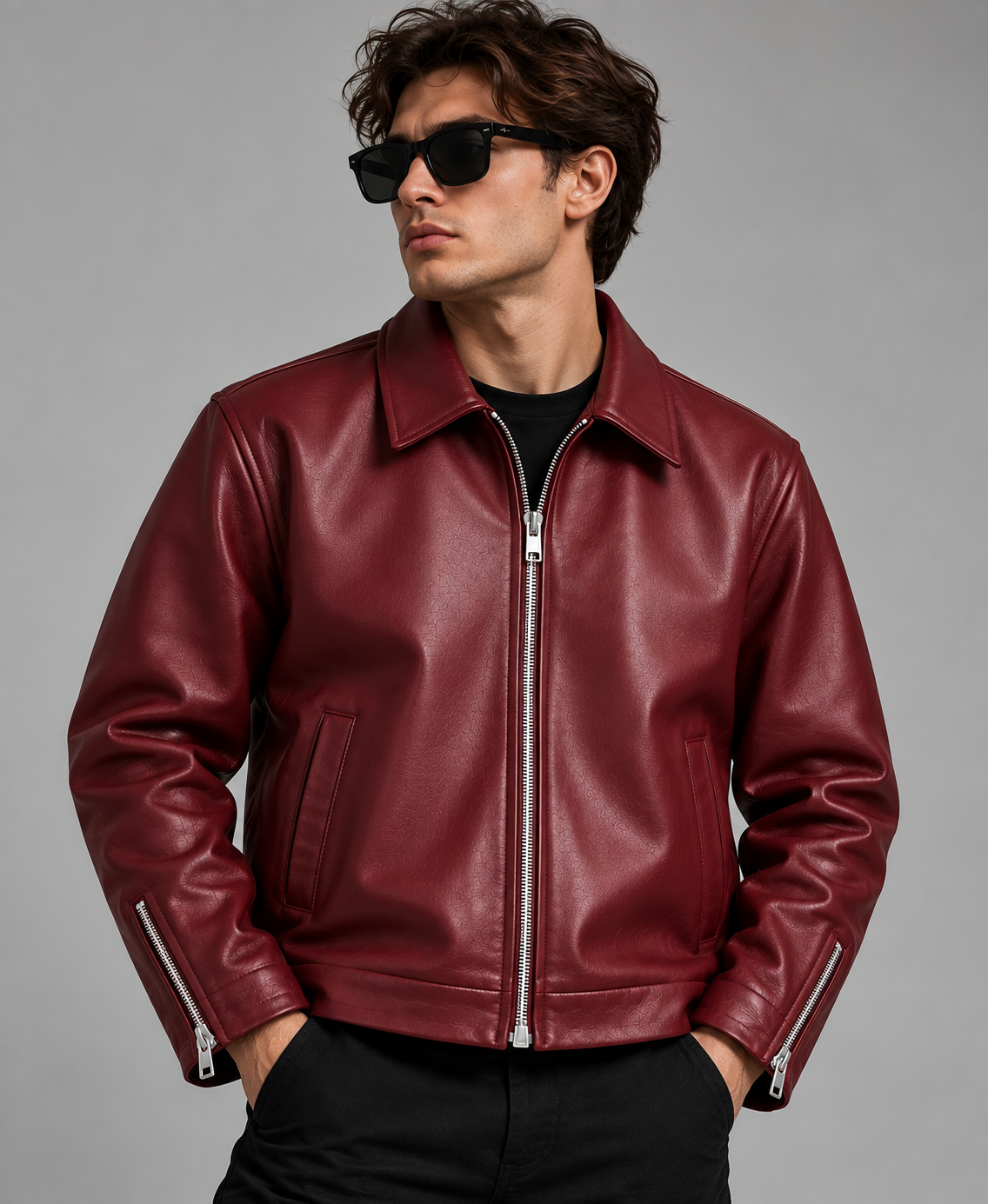 Men’s Burgundy Leather Bomber Jacket – Modern Fit