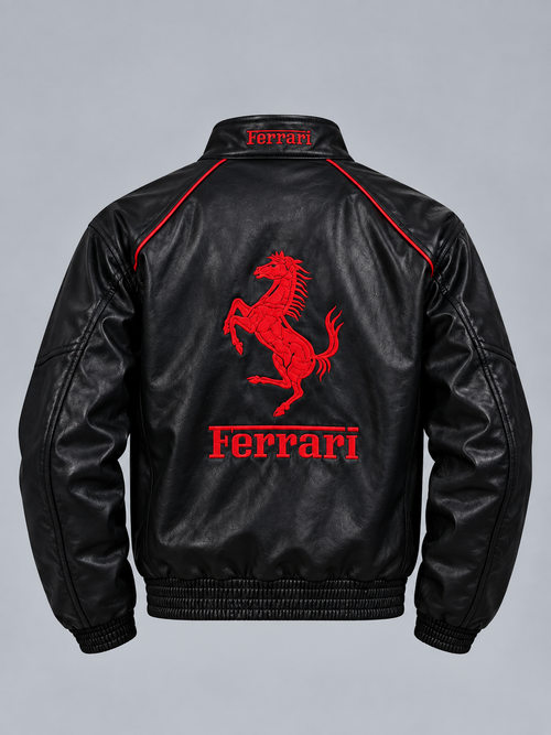 Men’s Black Ferrari F1-Inspired Racing Leather Jacket