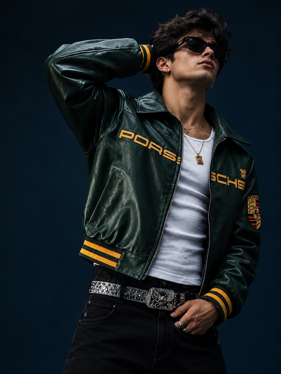 **Porsche Racing Green Leather Jacket – Premium Motorsport Style**