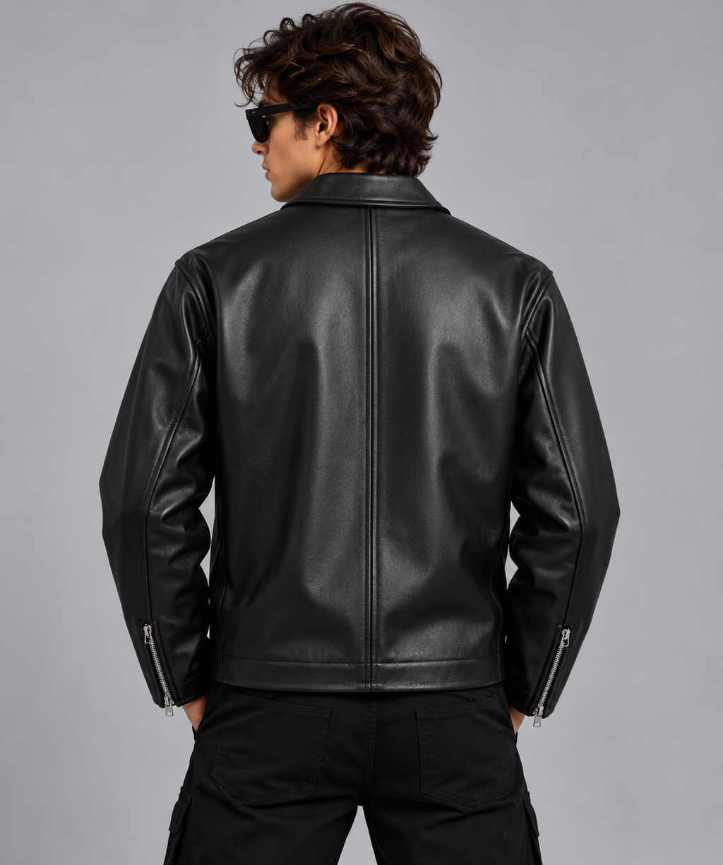 Men’s Black Embossed Leather Jacket – Premium Zip-Up Style