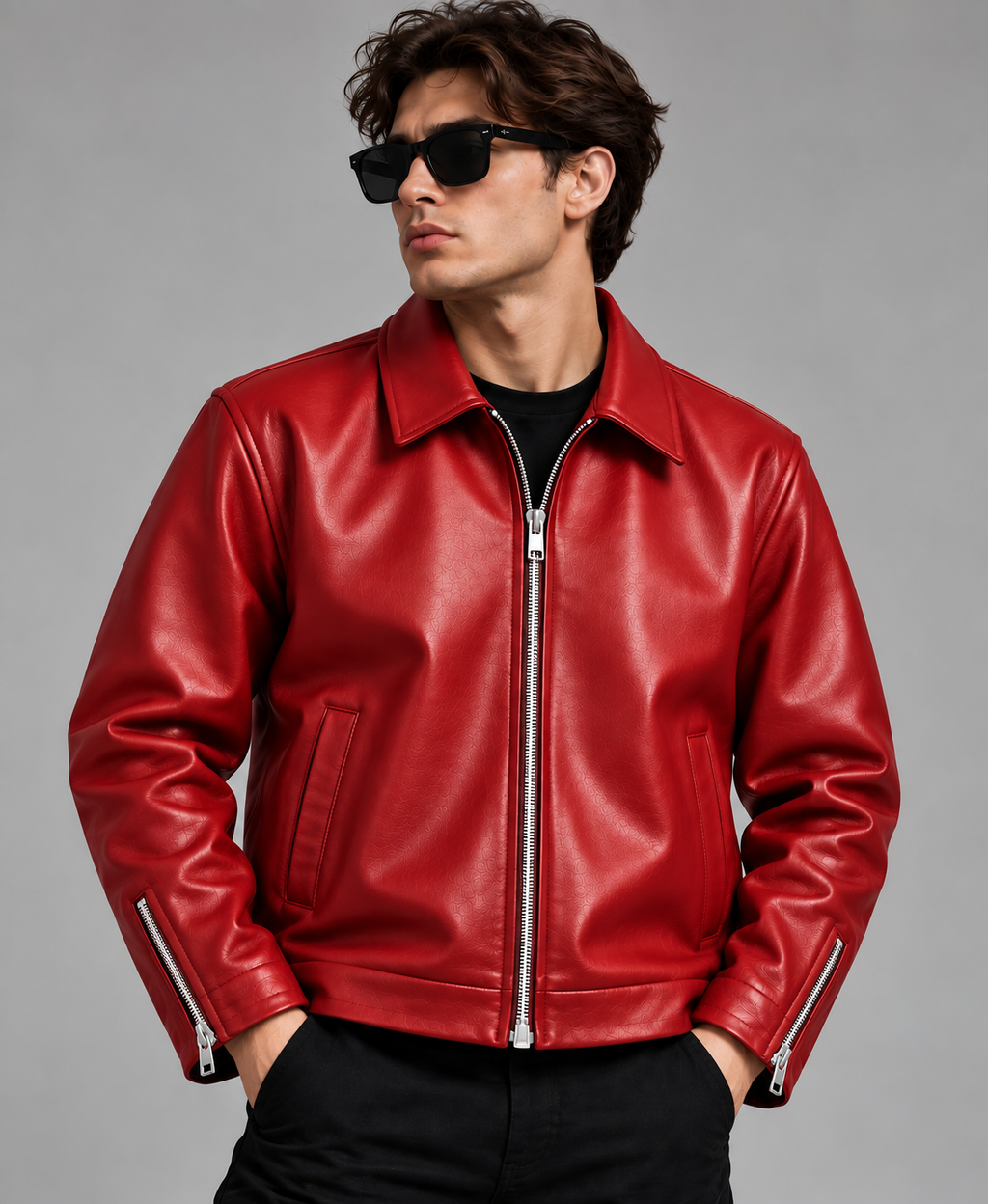 Men’s Red Leather Jacket – Modern Luxury Zip-Up Design