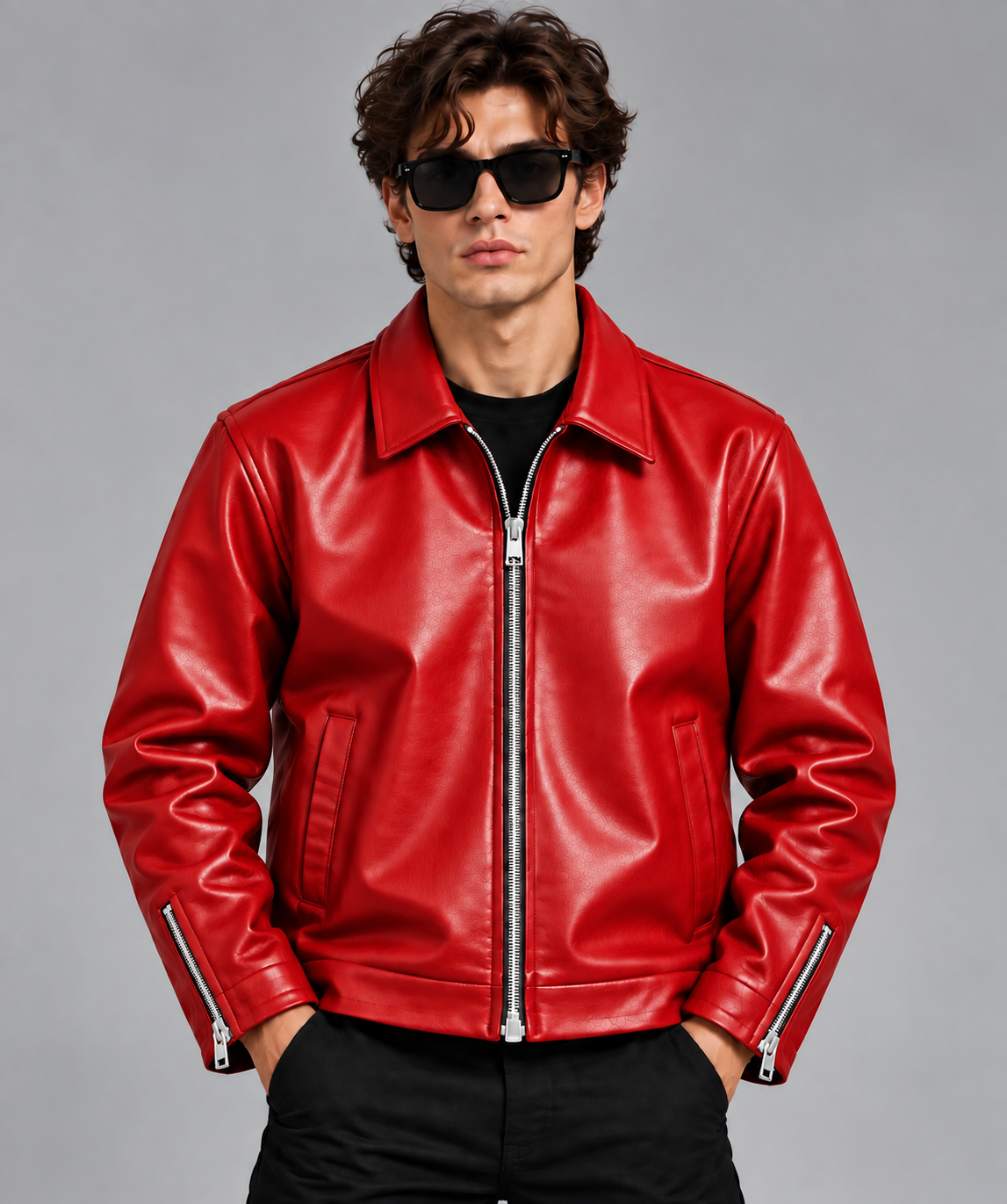 Men’s Red Leather Jacket – Modern Luxury Zip-Up Design