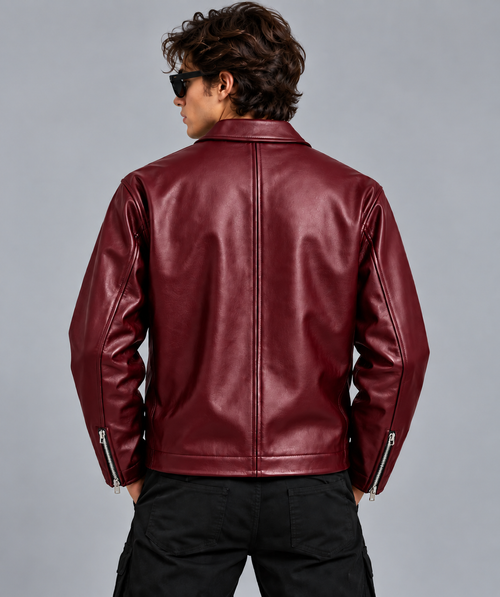 Men’s Burgundy Leather Bomber Jacket – Modern Fit