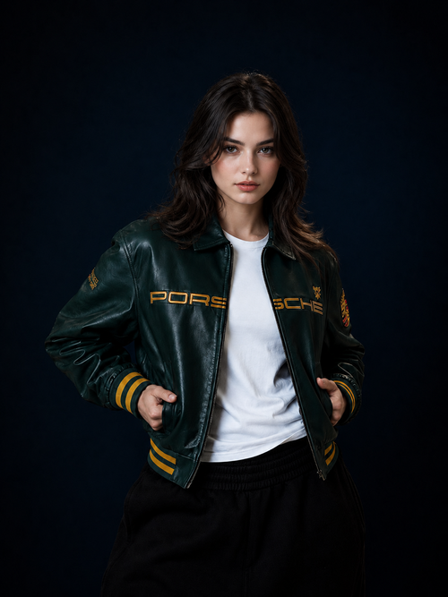 **Porsche Racing Green Leather Jacket – Premium Motorsport Style**