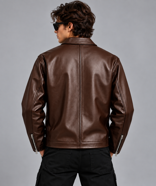 Brown Textured Leather Jacket for Men – Contemporary Style