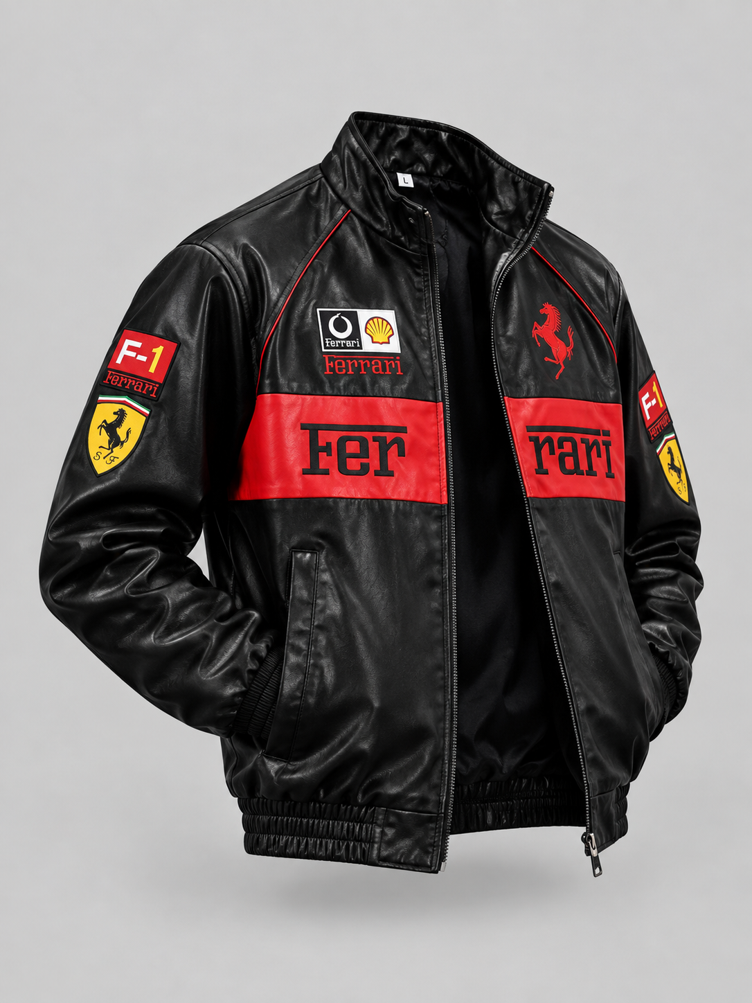 Men’s Black Ferrari F1-Inspired Racing Leather Jacket