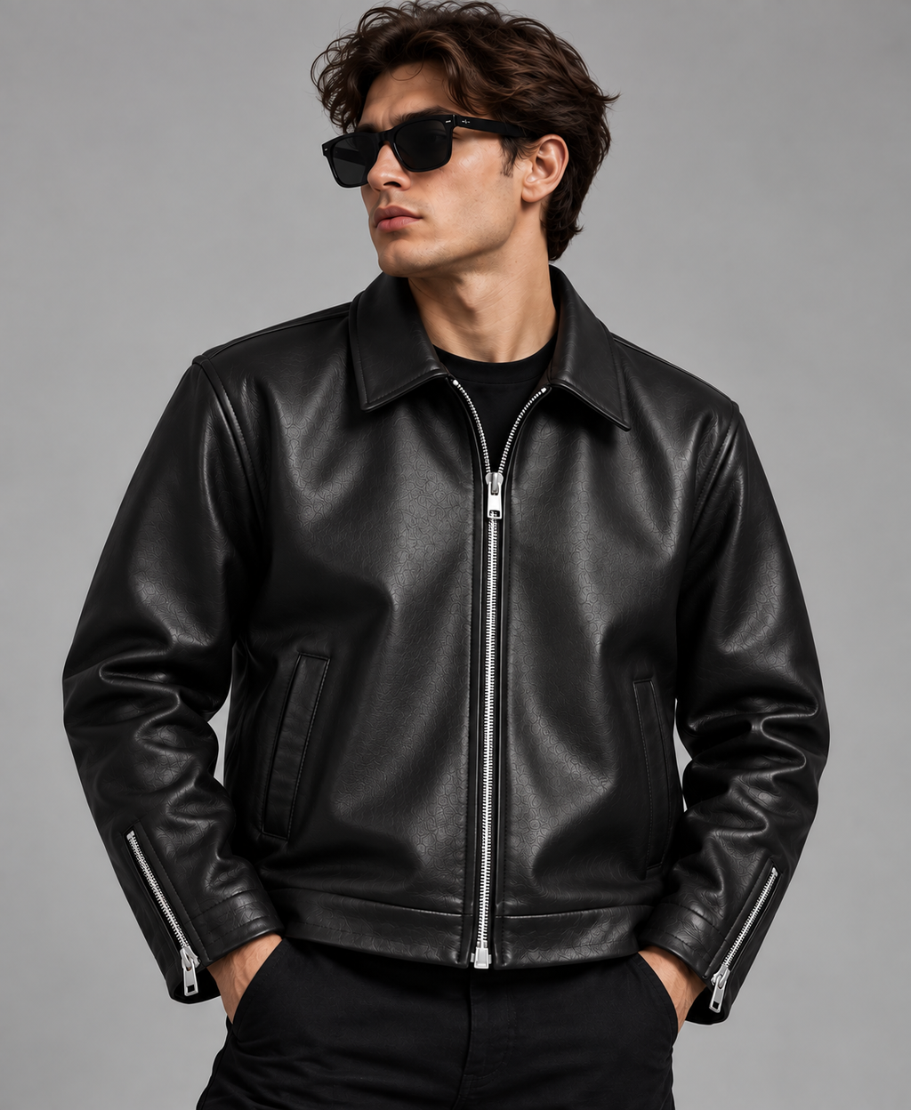 Men’s Black Embossed Leather Jacket – Premium Zip-Up Style